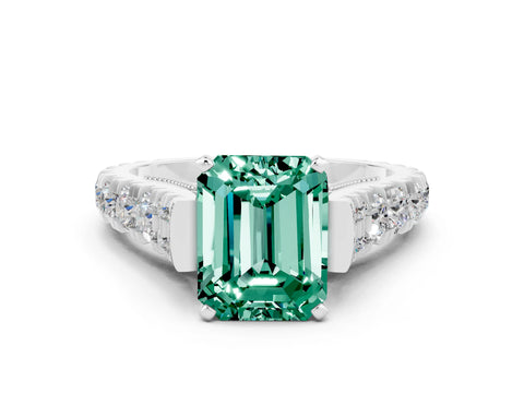 White gold Emerald Cut Green Sapphire Classic Solitaire Ring with Pavé Band and Four-Prong Setting