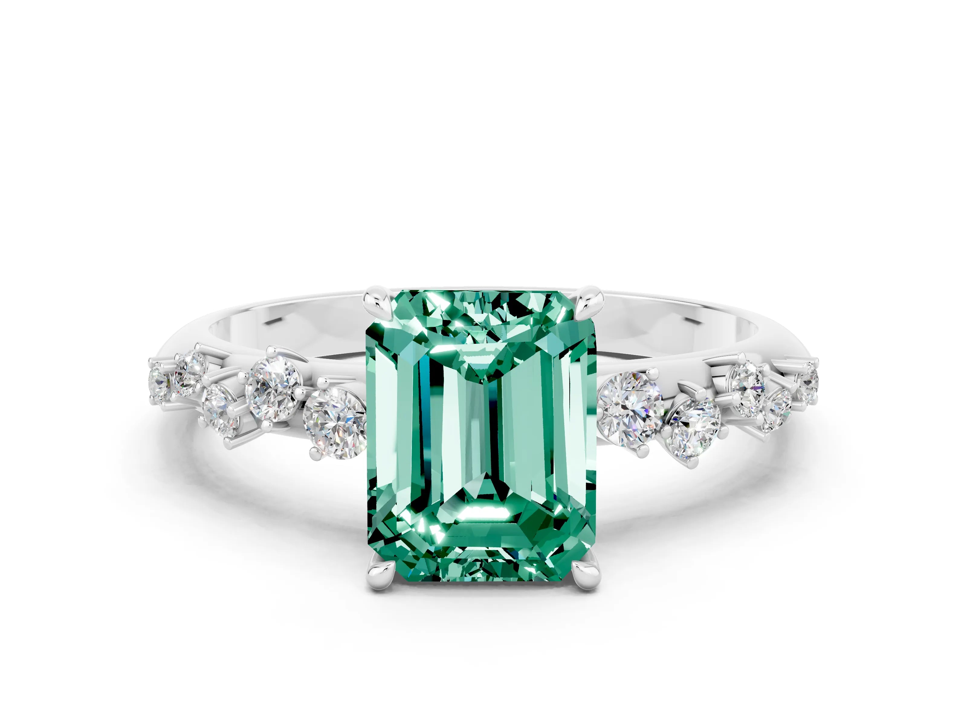 White gold Emerald Cut Green Sapphire Cluster Side Stone Solitaire Ring with Prong Setting_24