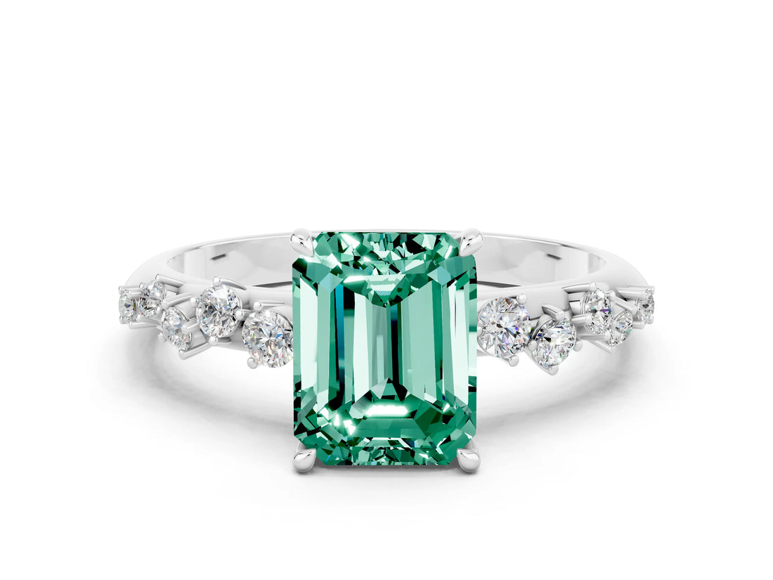 White gold Emerald Cut Green Sapphire Cluster Side Stone Solitaire Ring with Prong Setting_24