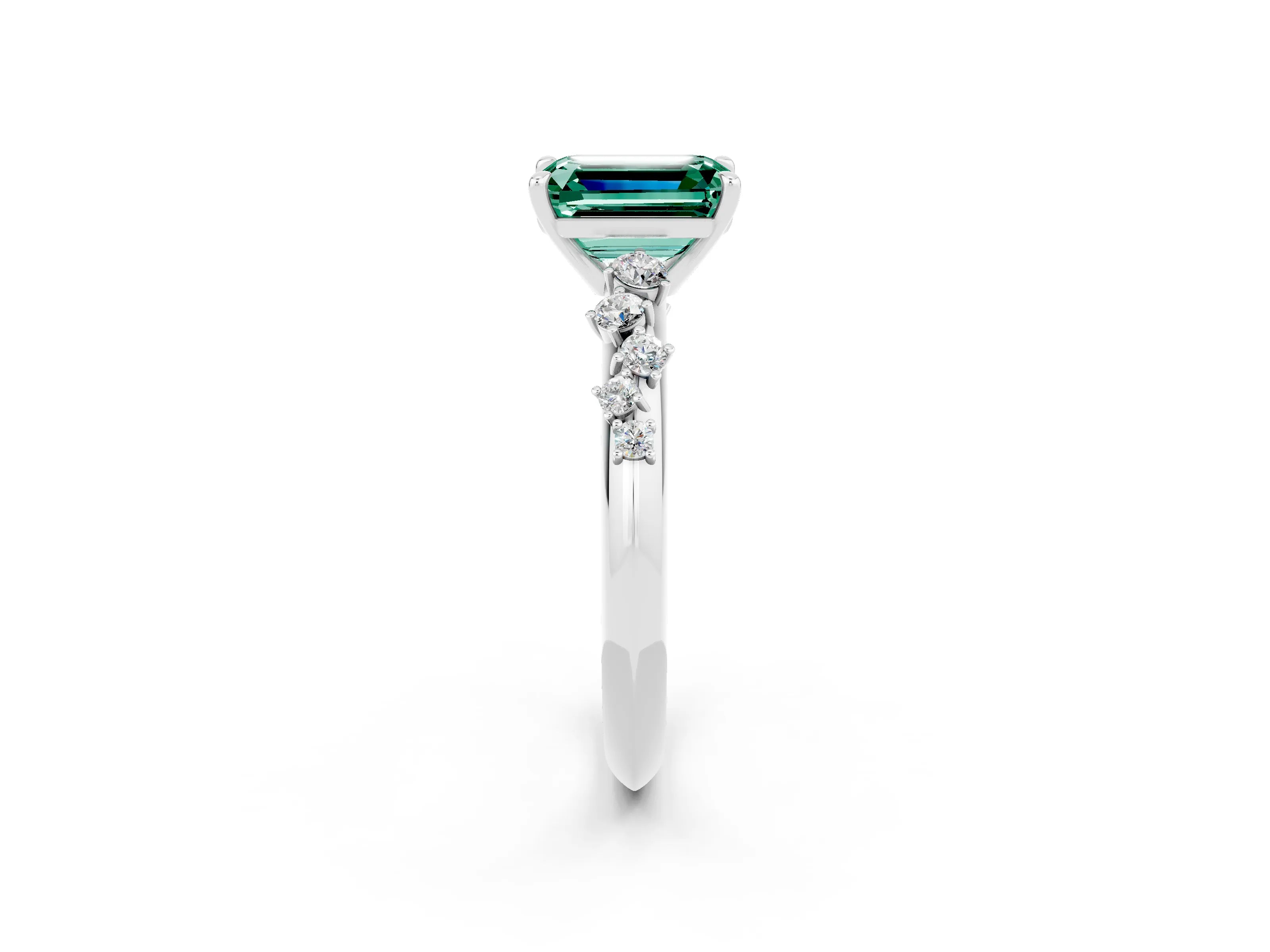 White gold Emerald Cut Green Sapphire Cluster Side Stone Solitaire Ring with Prong Setting_26