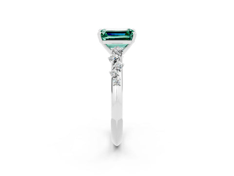 White gold Emerald Cut Green Sapphire Cluster Side Stone Solitaire Ring with Prong Setting_26