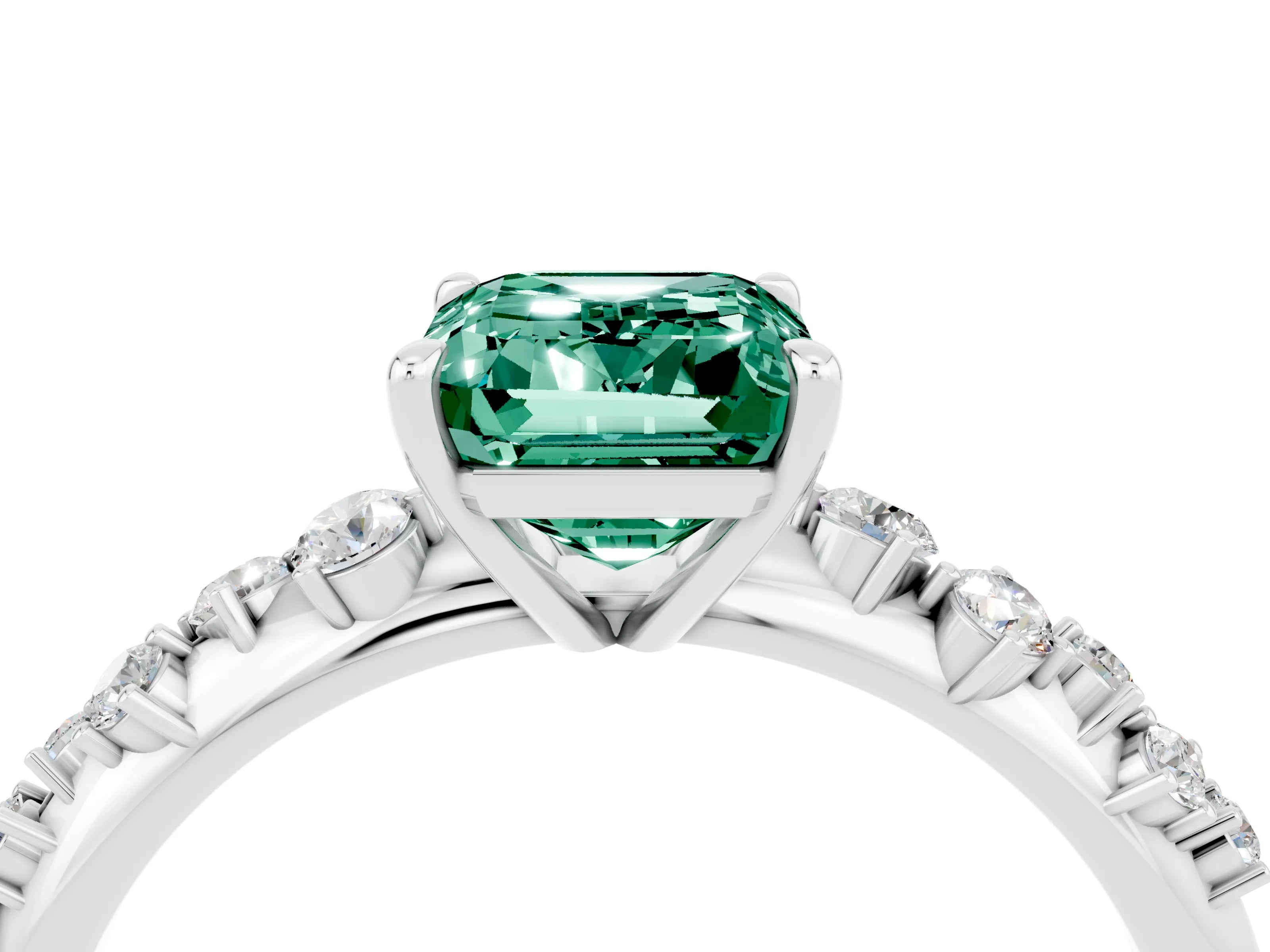 White gold Emerald Cut Green Sapphire Cluster Side Stone Solitaire Ring with Prong Setting_28