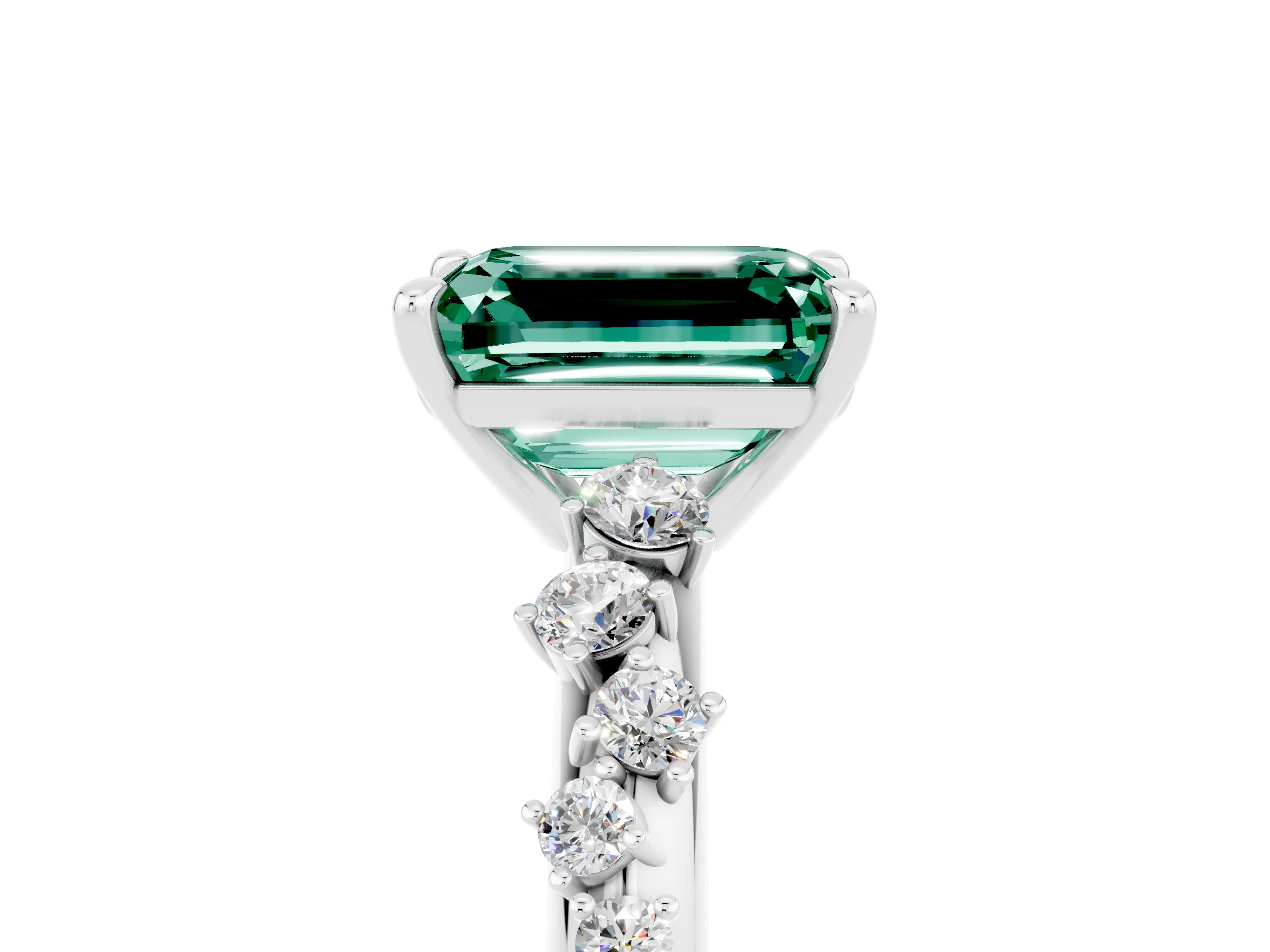 White gold Emerald Cut Green Sapphire Cluster Side Stone Solitaire Ring with Prong Setting_29