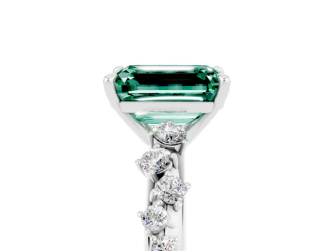 White gold Emerald Cut Green Sapphire Cluster Side Stone Solitaire Ring with Prong Setting_29