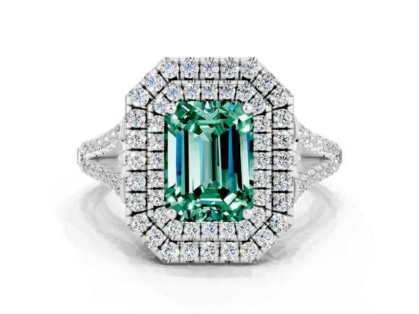 White gold Emerald Cut Green Sapphire Double Halo Ring with Pavé Band and Prong Setting