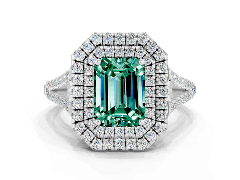 White gold Emerald Cut Green Sapphire Double Halo Ring with Pavé Band and Prong Setting_12