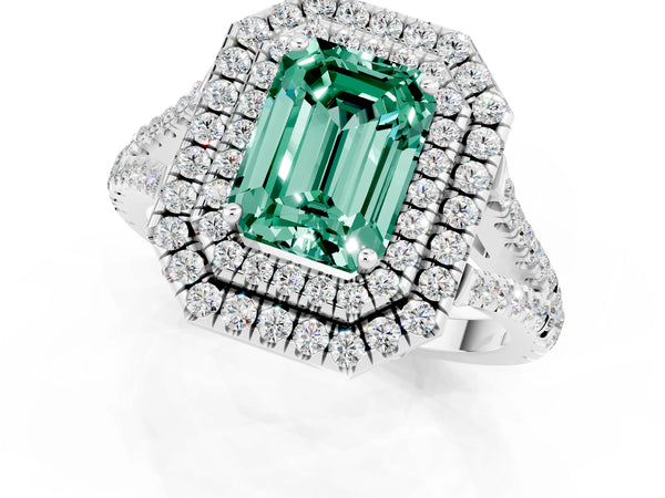 Platinum Emerald Cut Green Sapphire Double Halo Ring with Pavé Band and Prong Setting