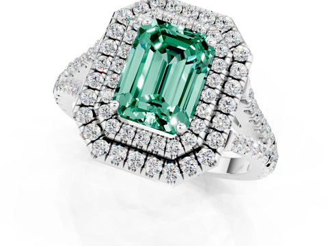 White gold Emerald Cut Green Sapphire Double Halo Ring with Pavé Band and Prong Setting_13