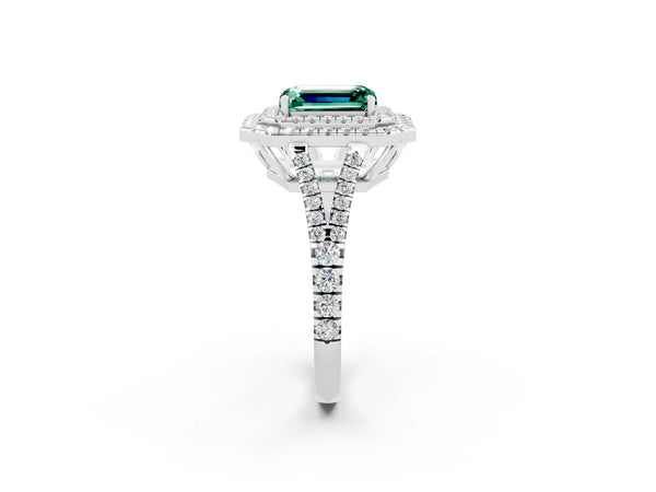 Platinum Emerald Cut Green Sapphire Double Halo Ring with Pavé Band and Prong Setting