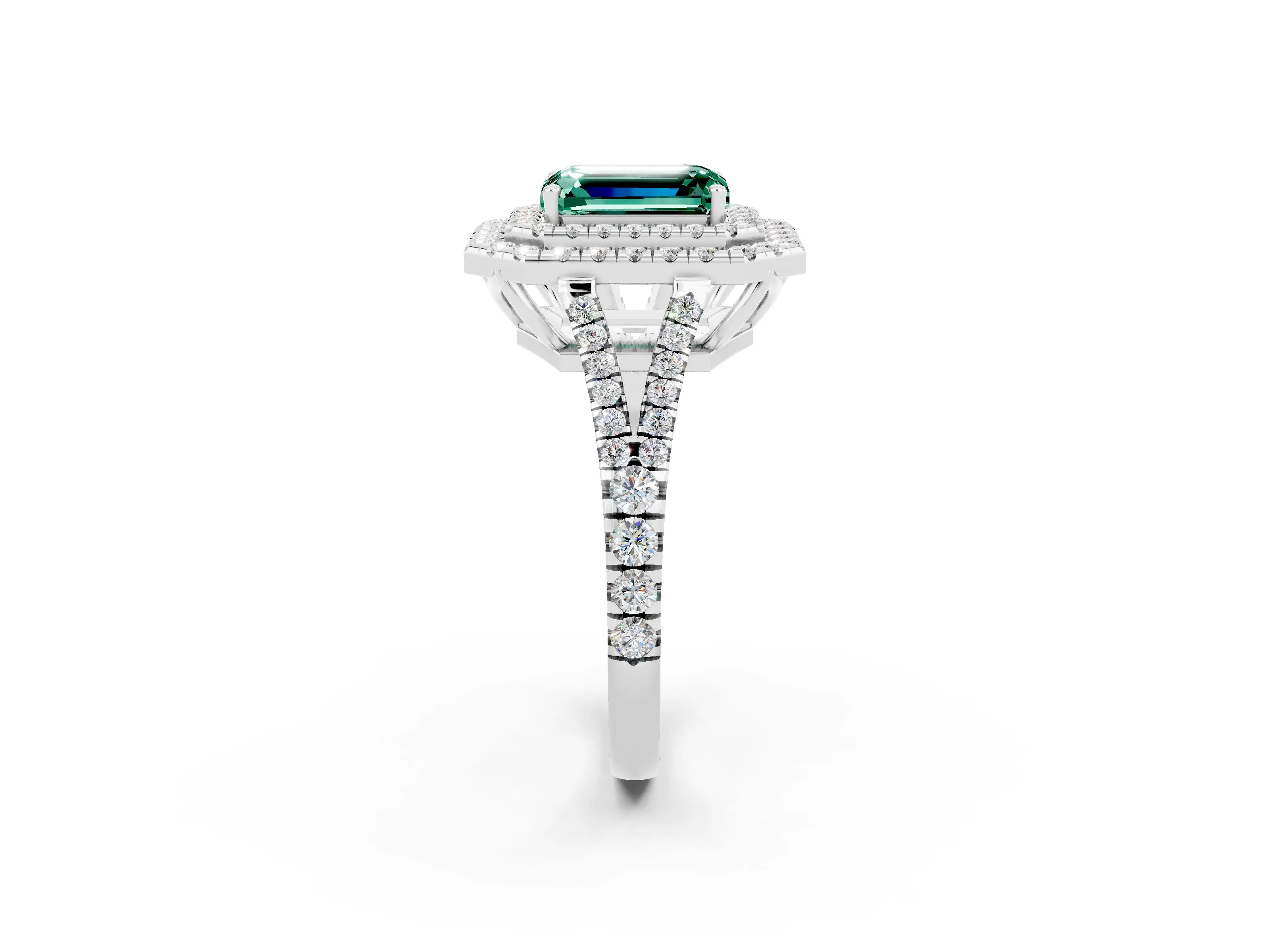 White gold Emerald Cut Green Sapphire Double Halo Ring with Pavé Band and Prong Setting_14