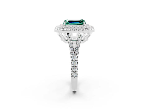 White gold Emerald Cut Green Sapphire Double Halo Ring with Pavé Band and Prong Setting_14