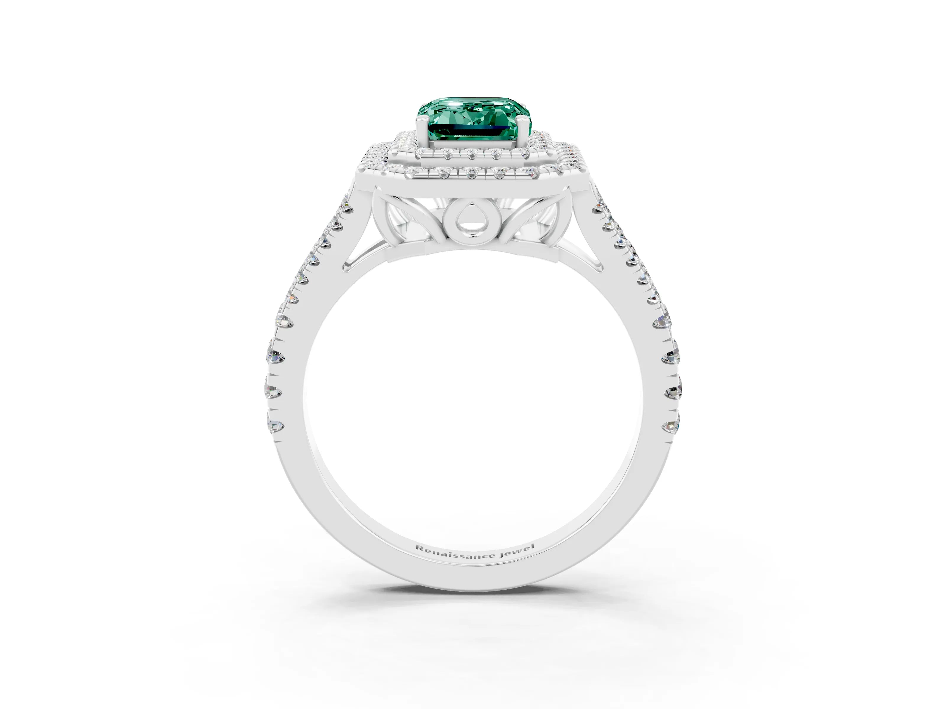 White gold Emerald Cut Green Sapphire Double Halo Ring with Pavé Band and Prong Setting_15