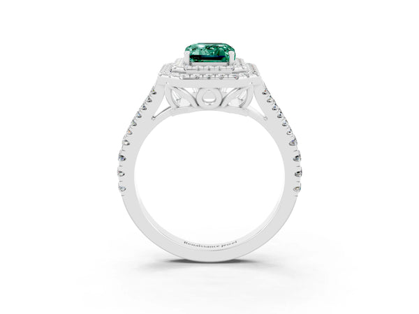 Platinum Emerald Cut Green Sapphire Double Halo Ring with Pavé Band and Prong Setting