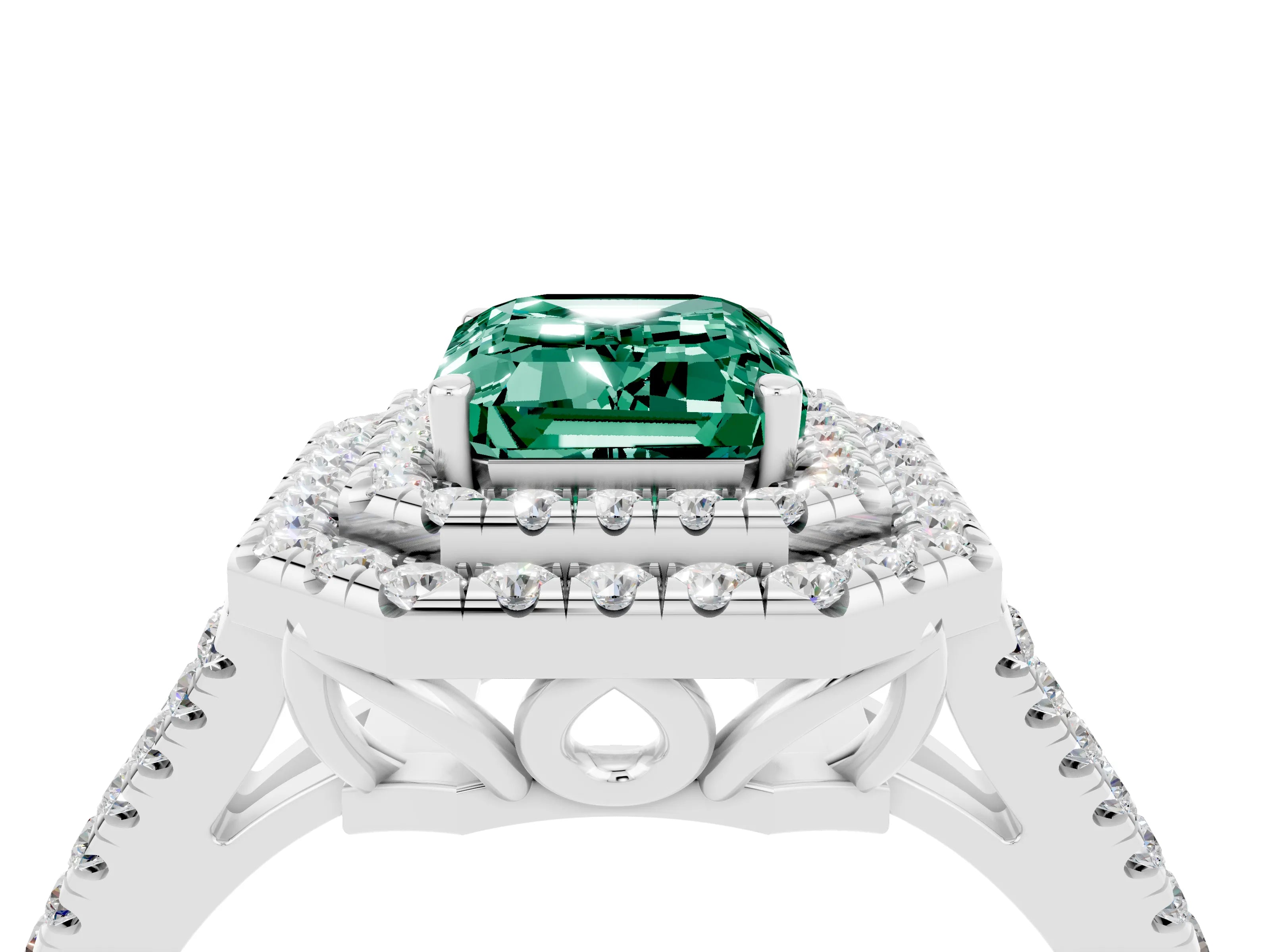 White gold Emerald Cut Green Sapphire Double Halo Ring with Pavé Band and Prong Setting_16