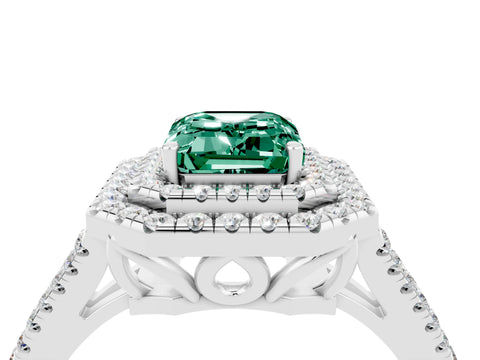 White gold Emerald Cut Green Sapphire Double Halo Ring with Pavé Band and Prong Setting_16