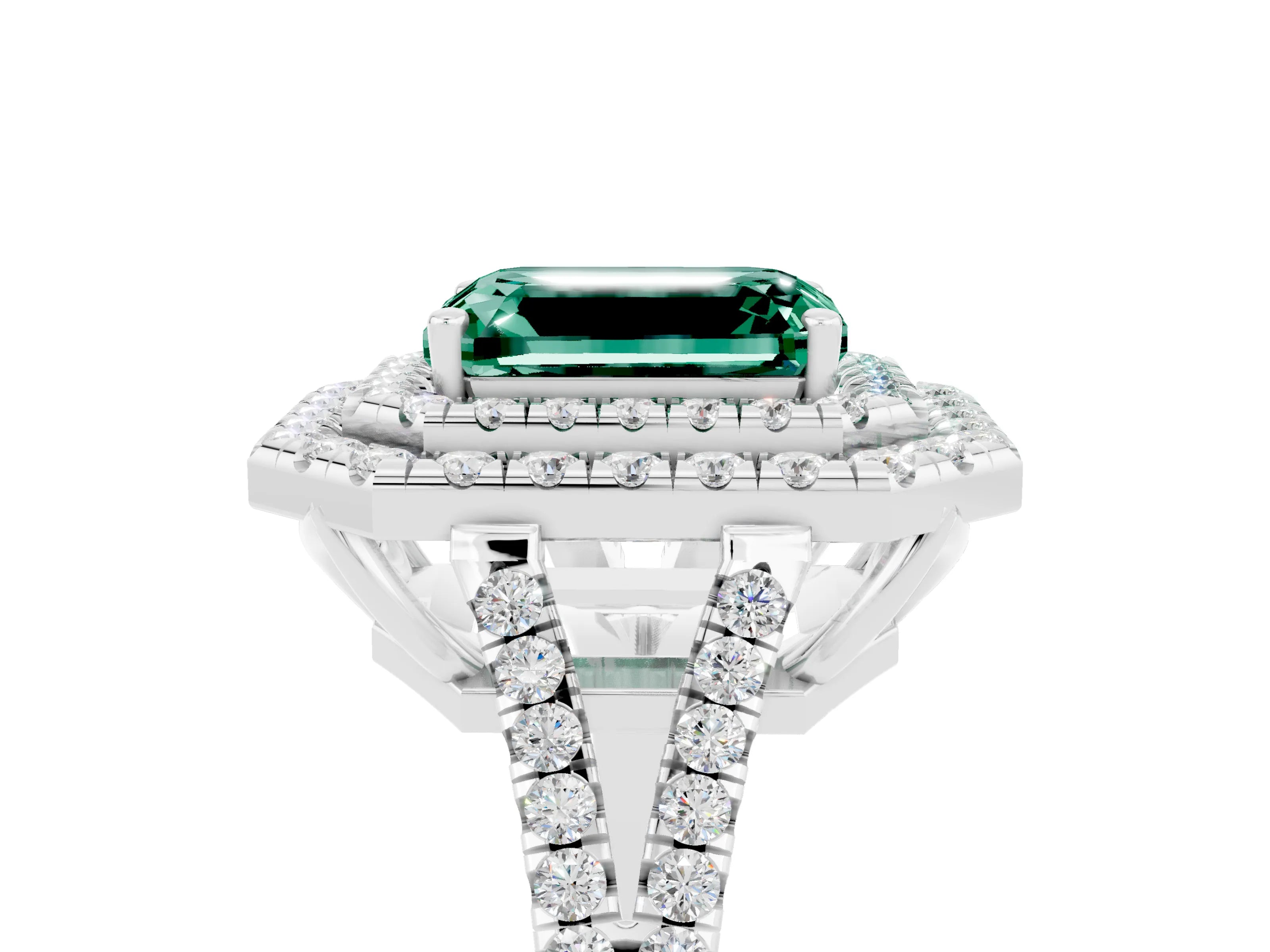 White gold Emerald Cut Green Sapphire Double Halo Ring with Pavé Band and Prong Setting_17