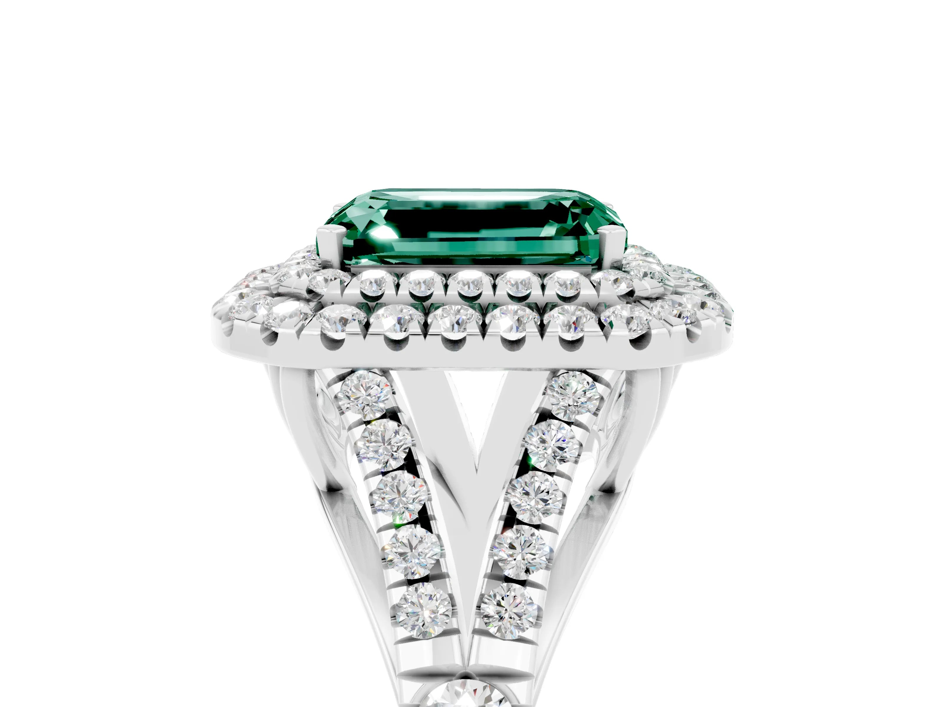 White gold Emerald Cut Green Sapphire Double Halo Ring with Split Shank and Prong Setting_61