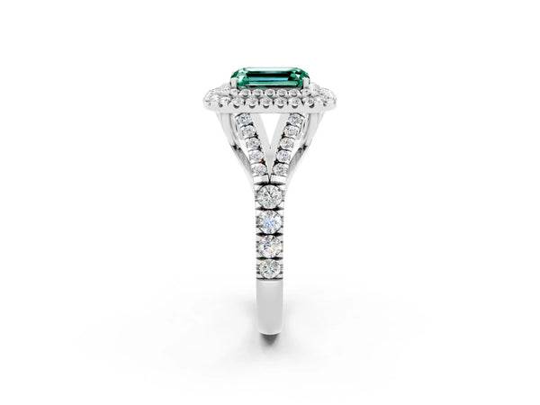 Platinum Emerald Cut Green Sapphire Double Halo Ring with Split Shank and Prong Setting