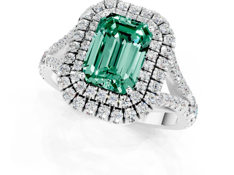 White gold Emerald Cut Green Sapphire Double Halo Ring with Split Shank and Prong Setting_67