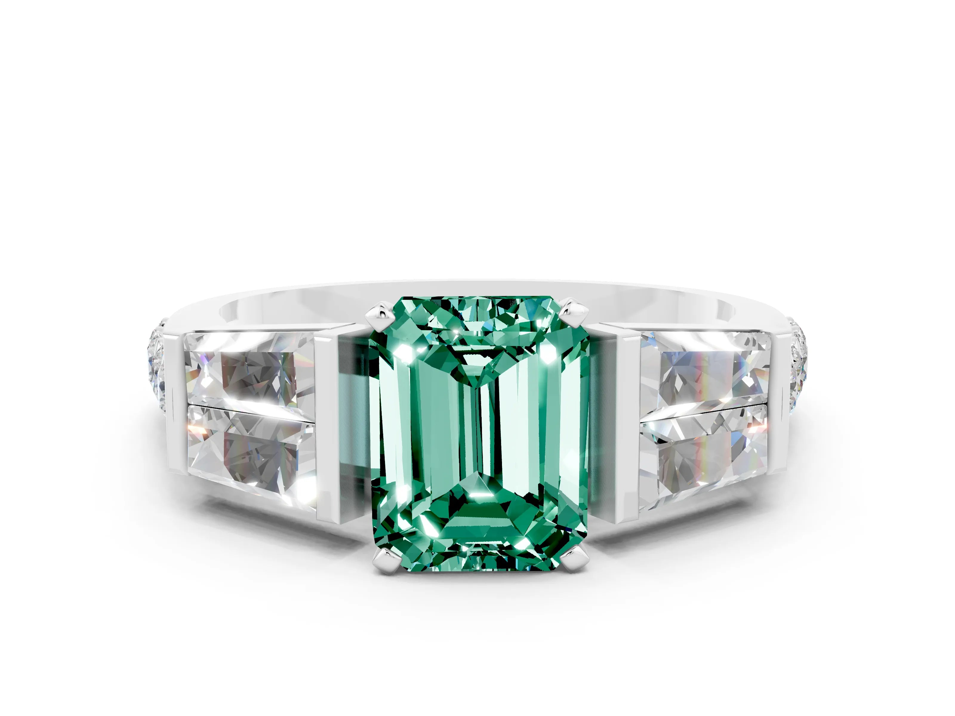 White gold Emerald Cut Green Sapphire Engagement Ring with Baguette Side Stones and Channel Set Band