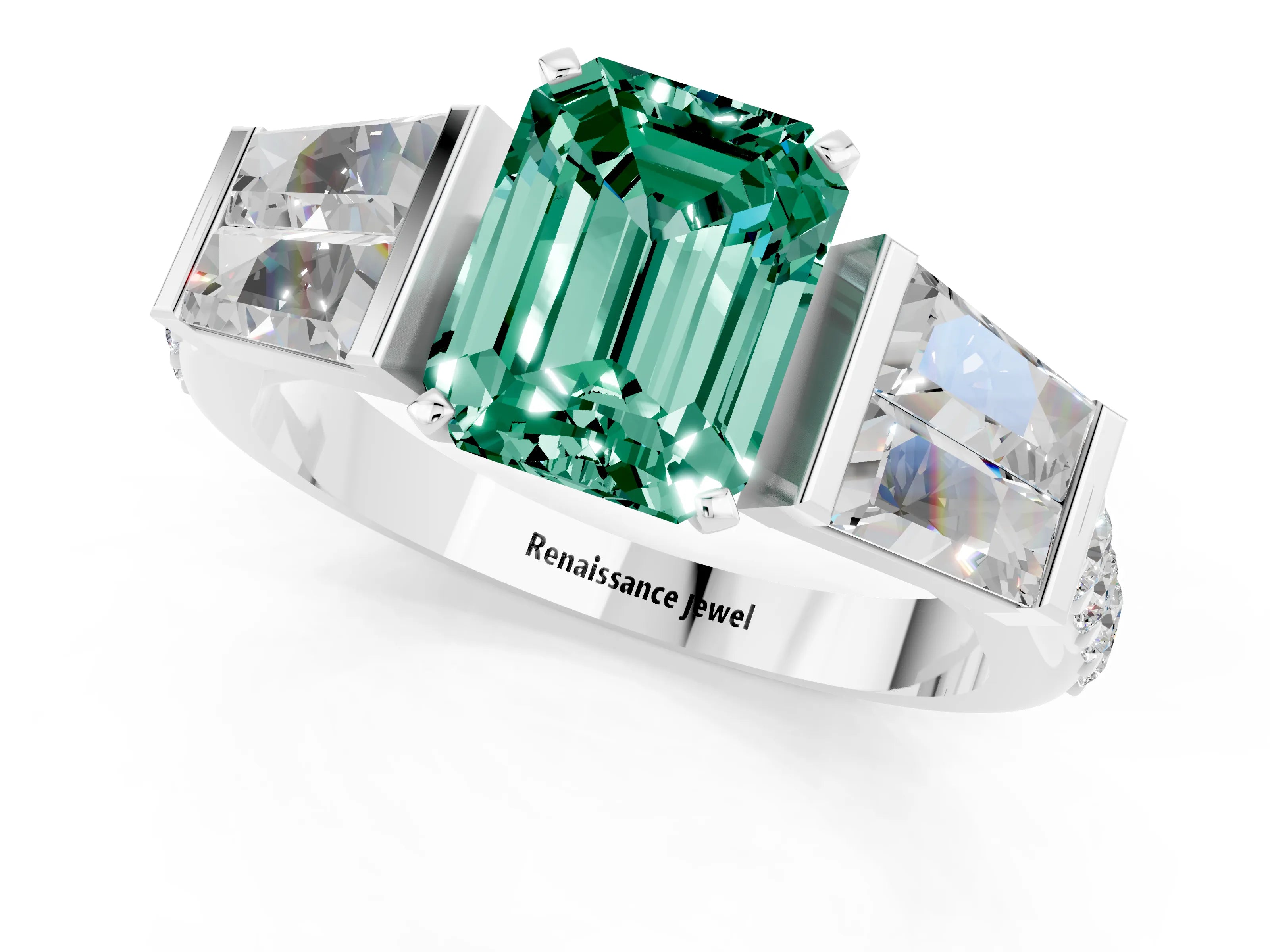 White gold Emerald Cut Green Sapphire Engagement Ring with Baguette Side Stones and Channel Set Band_1