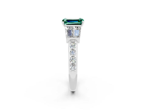 White gold Emerald Cut Green Sapphire Engagement Ring with Baguette Side Stones and Channel Set Band_2