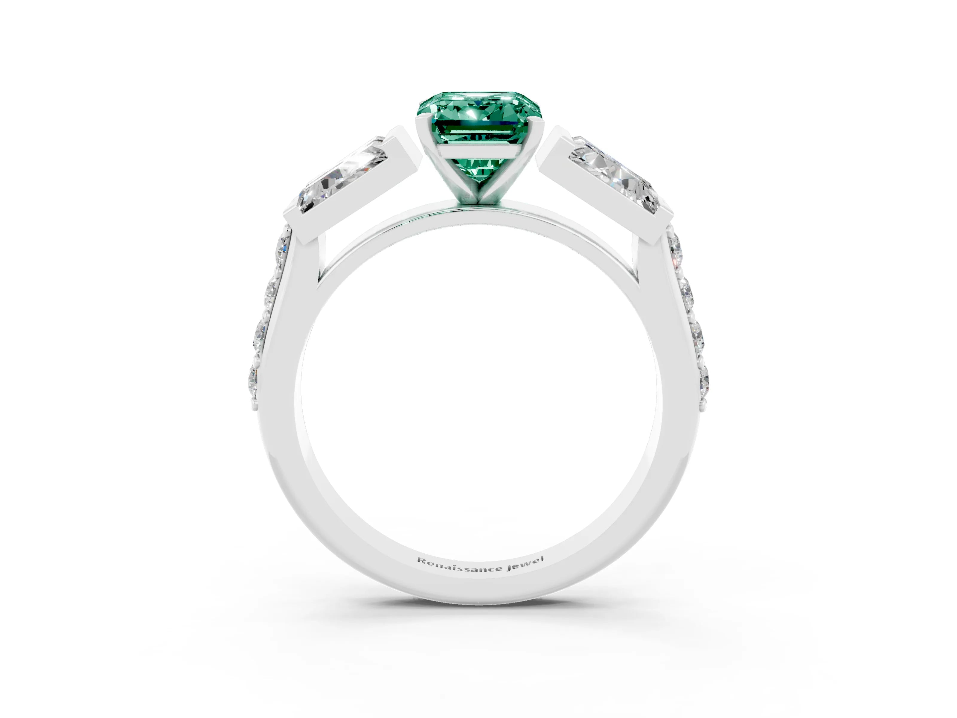 White gold Emerald Cut Green Sapphire Engagement Ring with Baguette Side Stones and Channel Set Band_3