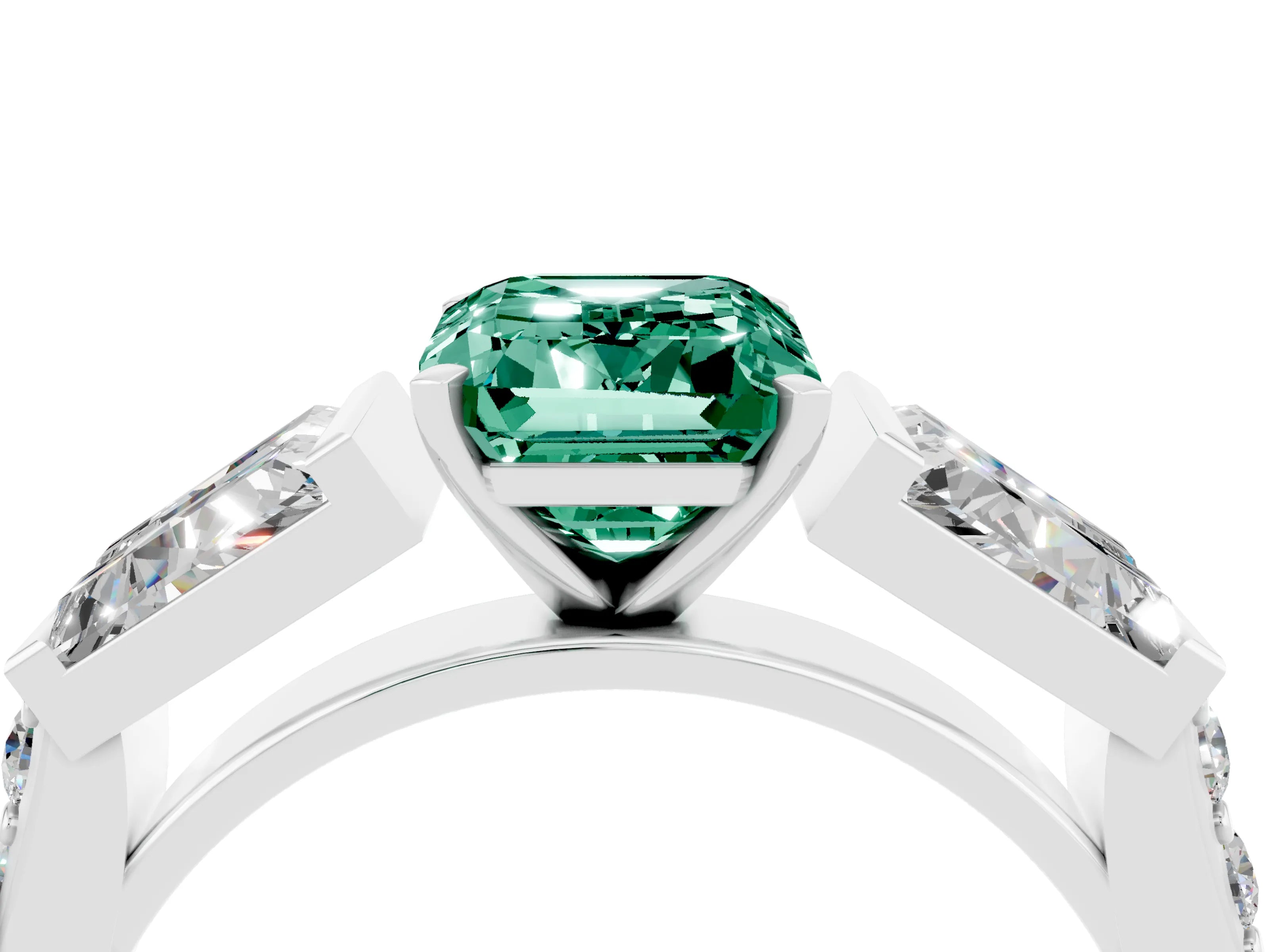 White gold Emerald Cut Green Sapphire Engagement Ring with Baguette Side Stones and Channel Set Band_4