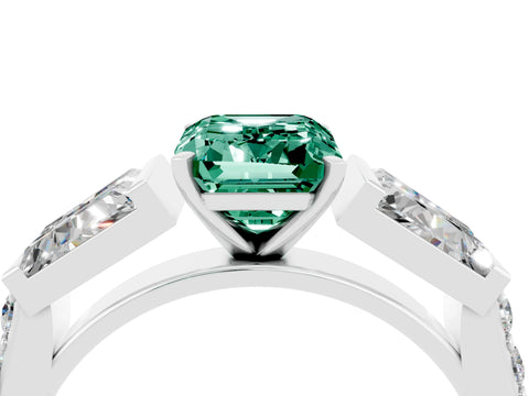 White gold Emerald Cut Green Sapphire Engagement Ring with Baguette Side Stones and Channel Set Band_4