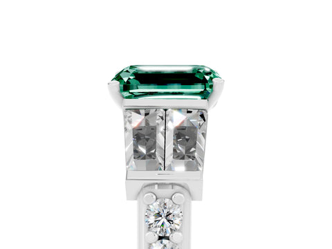 White gold Emerald Cut Green Sapphire Engagement Ring with Baguette Side Stones and Channel Set Band_5