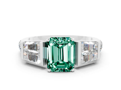 White gold Emerald Cut Green Sapphire Engagement Ring with Baguette Side Stones and Channel Set Band