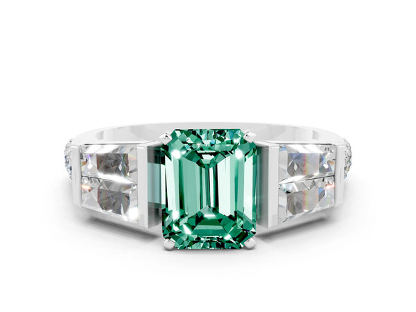 Silver Emerald Cut Green Sapphire Engagement Ring with Baguette Side Stones and Channel Set Band