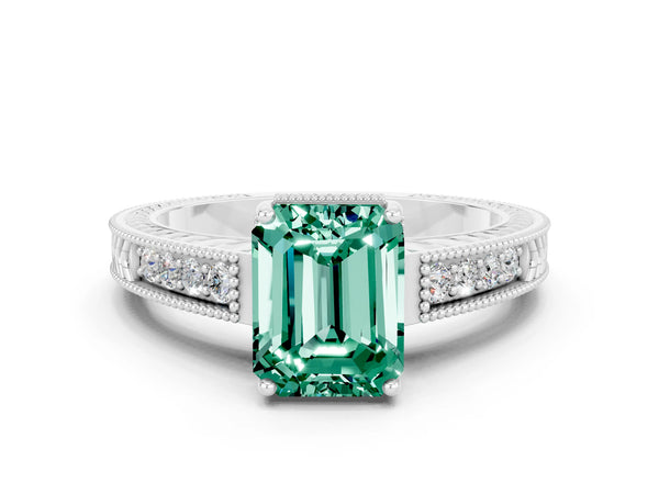 Platinum Emerald Cut Green Sapphire Engagement Ring with Milgrain Channel Set Band and Prong Setting