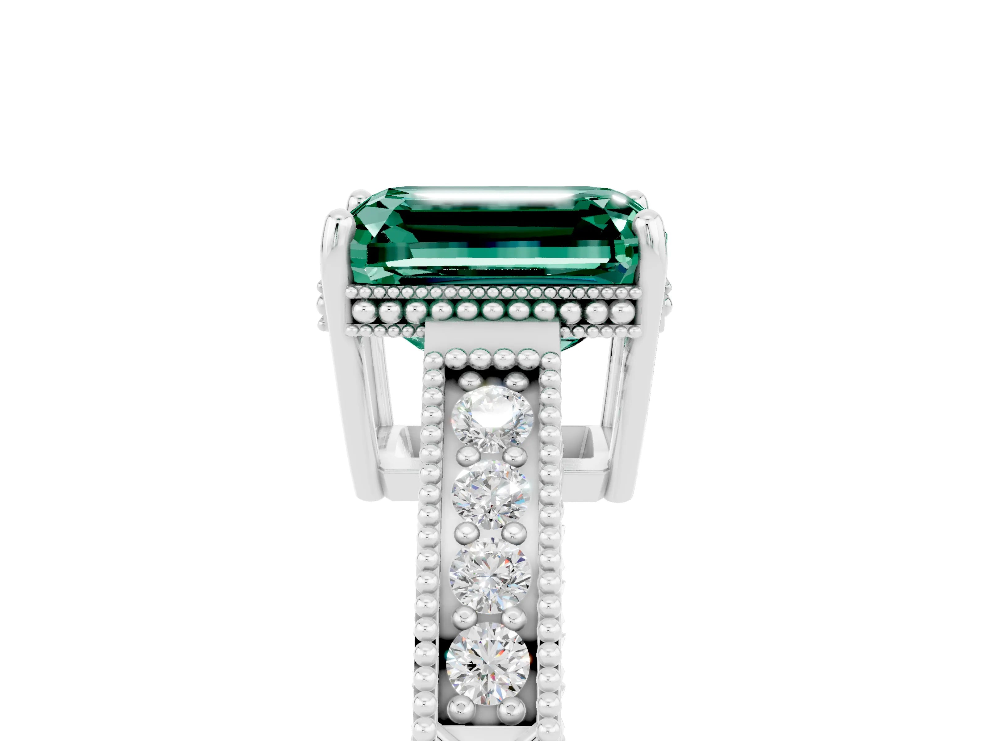 White gold Emerald Cut Green Sapphire Engagement Ring with Milgrain Channel Set Band and Prong Setting_5