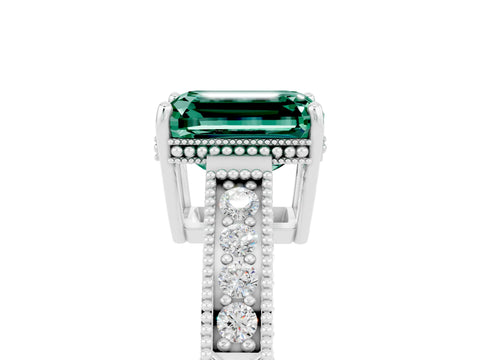 White gold Emerald Cut Green Sapphire Engagement Ring with Milgrain Channel Set Band and Prong Setting_5