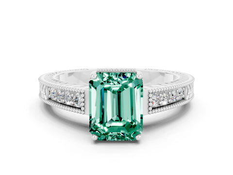 White gold Emerald Cut Green Sapphire Engagement Ring with Milgrain Channel Set Band and Prong Setting