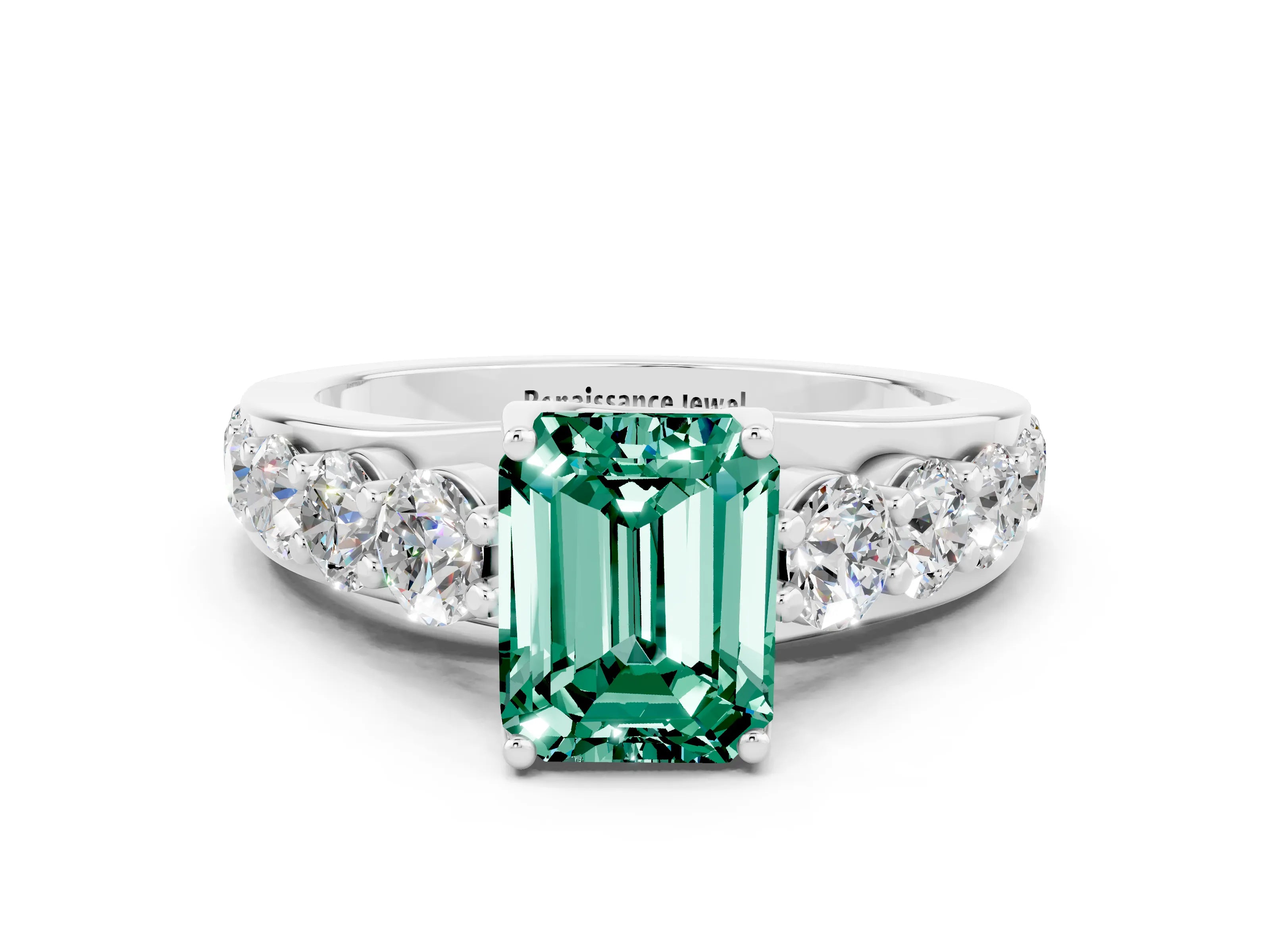 White gold Emerald Cut Green Sapphire Engagement Ring with Pavé Band and Four-Prong Setting