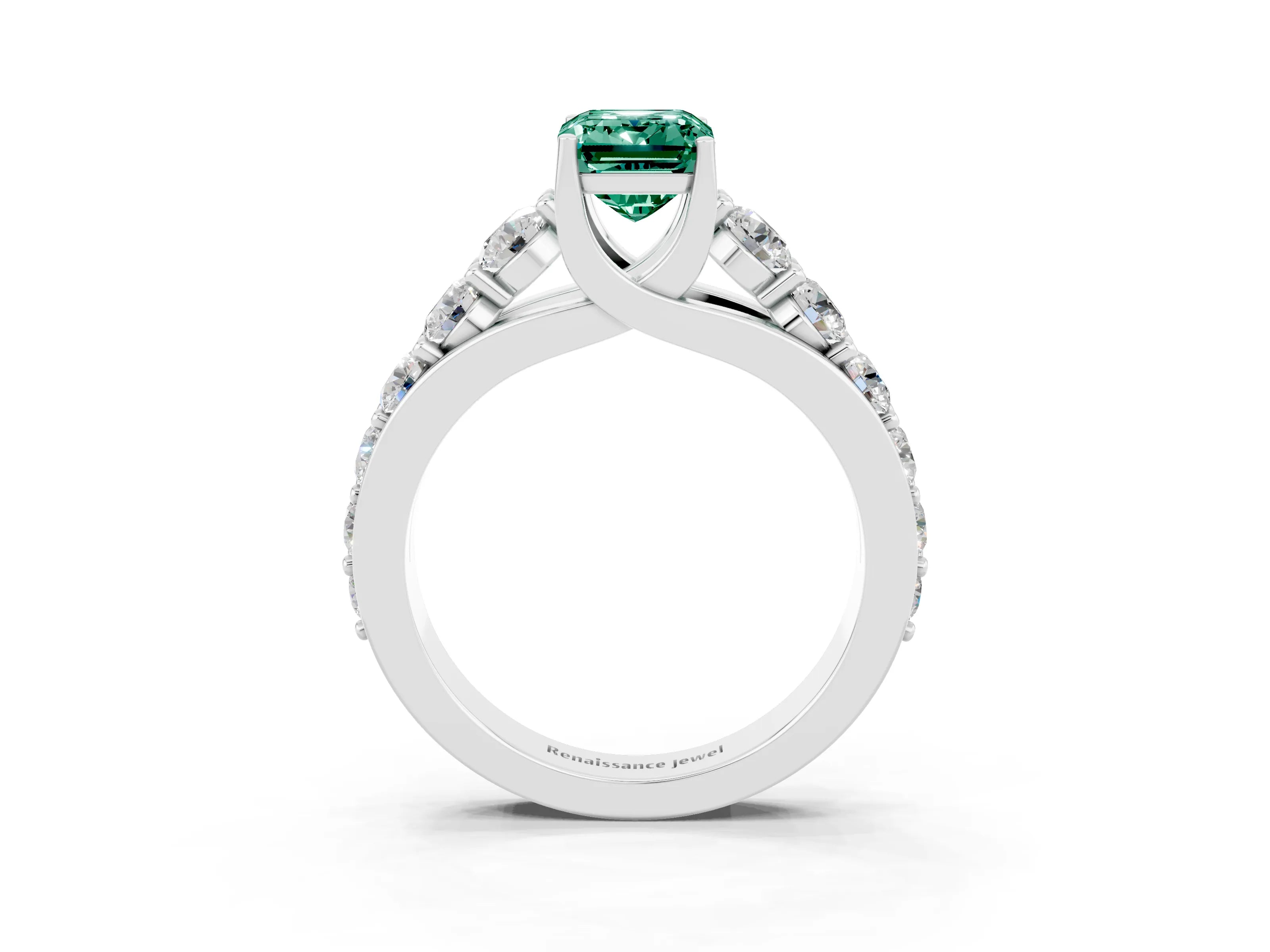 White gold Emerald Cut Green Sapphire Engagement Ring with Pavé Band and Four-Prong Setting_3