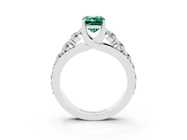 White gold Emerald Cut Green Sapphire Engagement Ring with Pavé Band and Four-Prong Setting