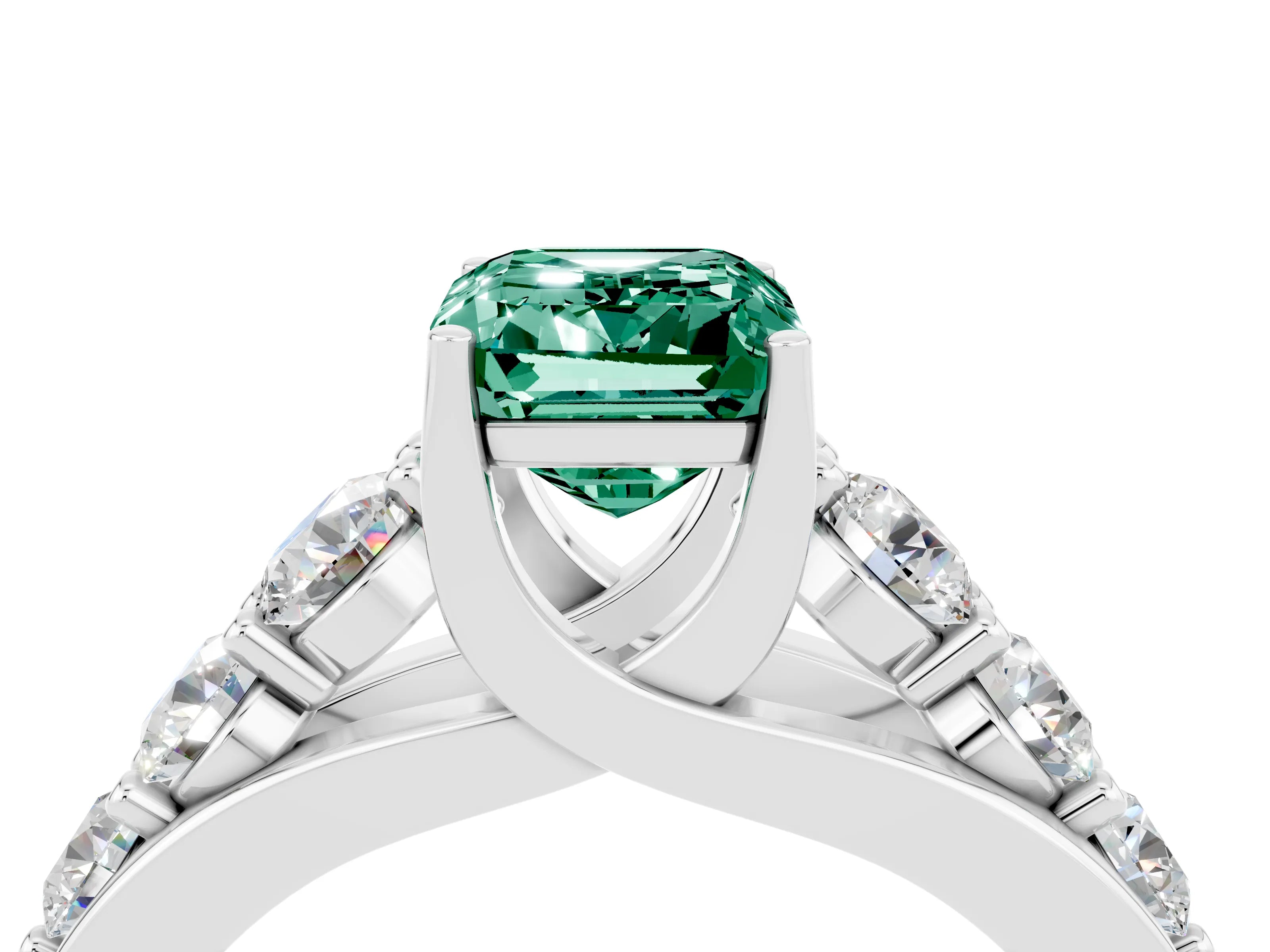 White gold Emerald Cut Green Sapphire Engagement Ring with Pavé Band and Four-Prong Setting_4