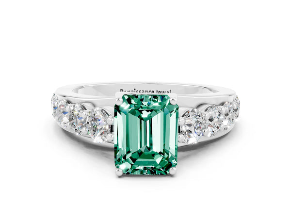 White gold Emerald Cut Green Sapphire Engagement Ring with Pavé Band and Four-Prong Setting