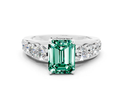 White gold Emerald Cut Green Sapphire Engagement Ring with Pavé Band and Four-Prong Setting