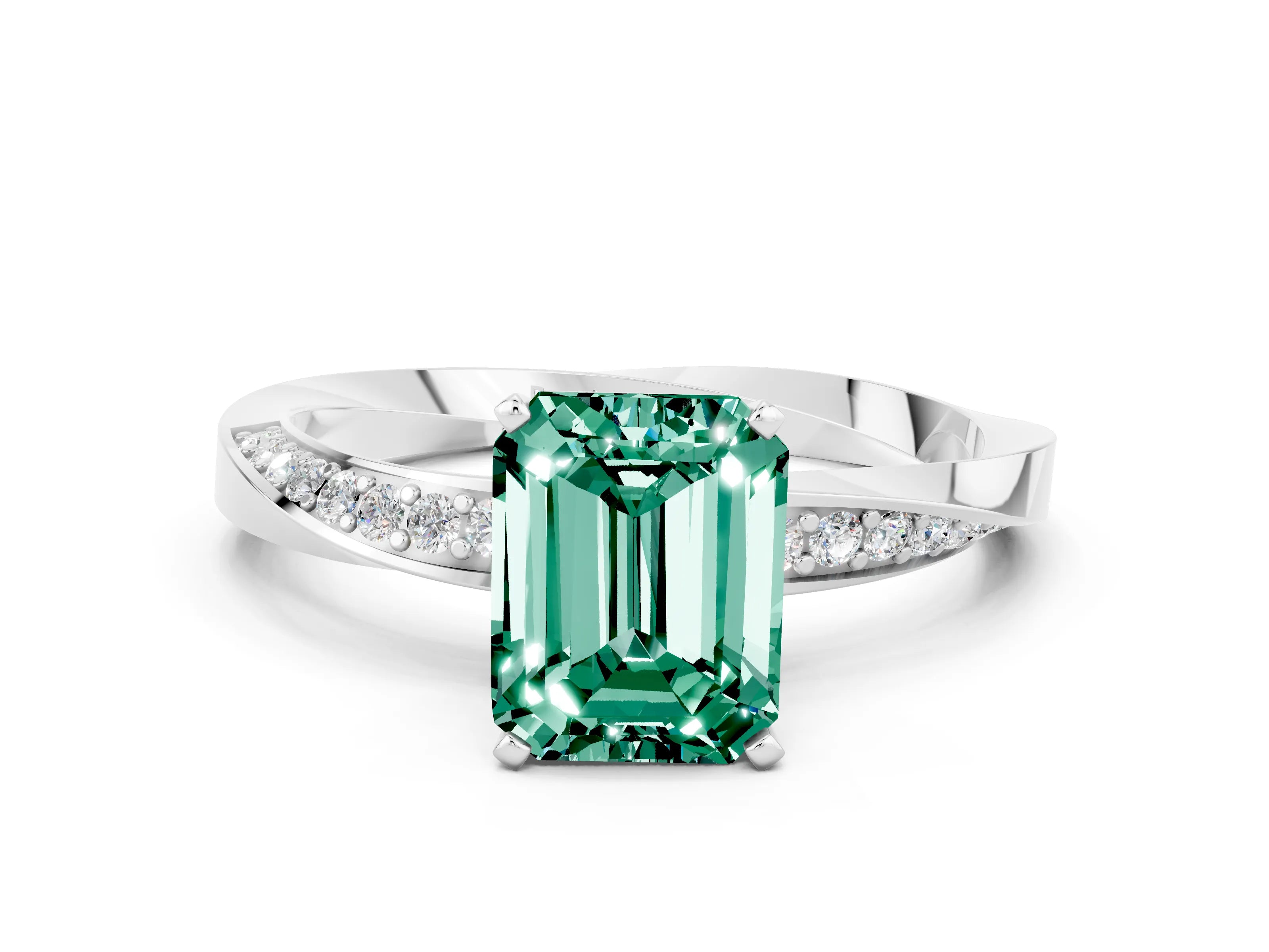 White gold Emerald Cut Green Sapphire Engagement Ring with Side Stone Accents and Four-Prong Setting_27