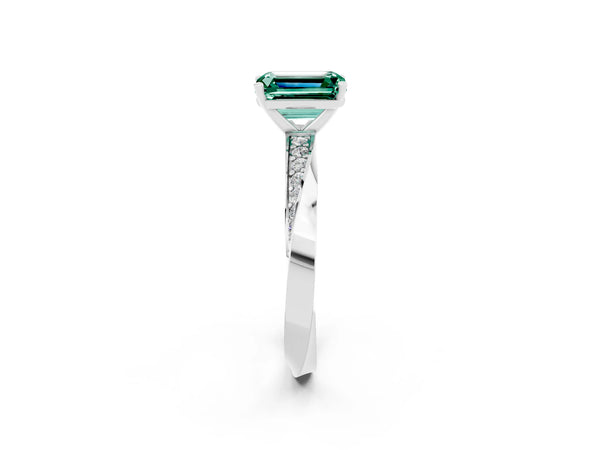 White gold Emerald Cut Green Sapphire Engagement Ring with Side Stone Accents and Four-Prong Setting