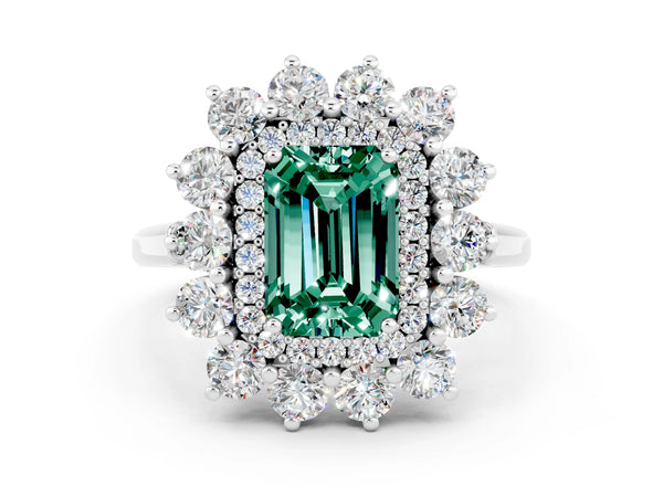 White gold Emerald Cut Green Sapphire Floral Double Halo Engagement Ring with Prong Setting