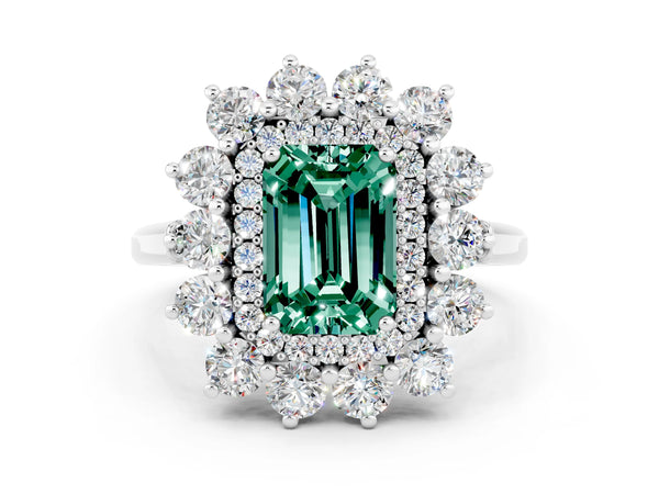 Platinum Emerald Cut Green Sapphire Floral Double Halo Engagement Ring with Prong Setting