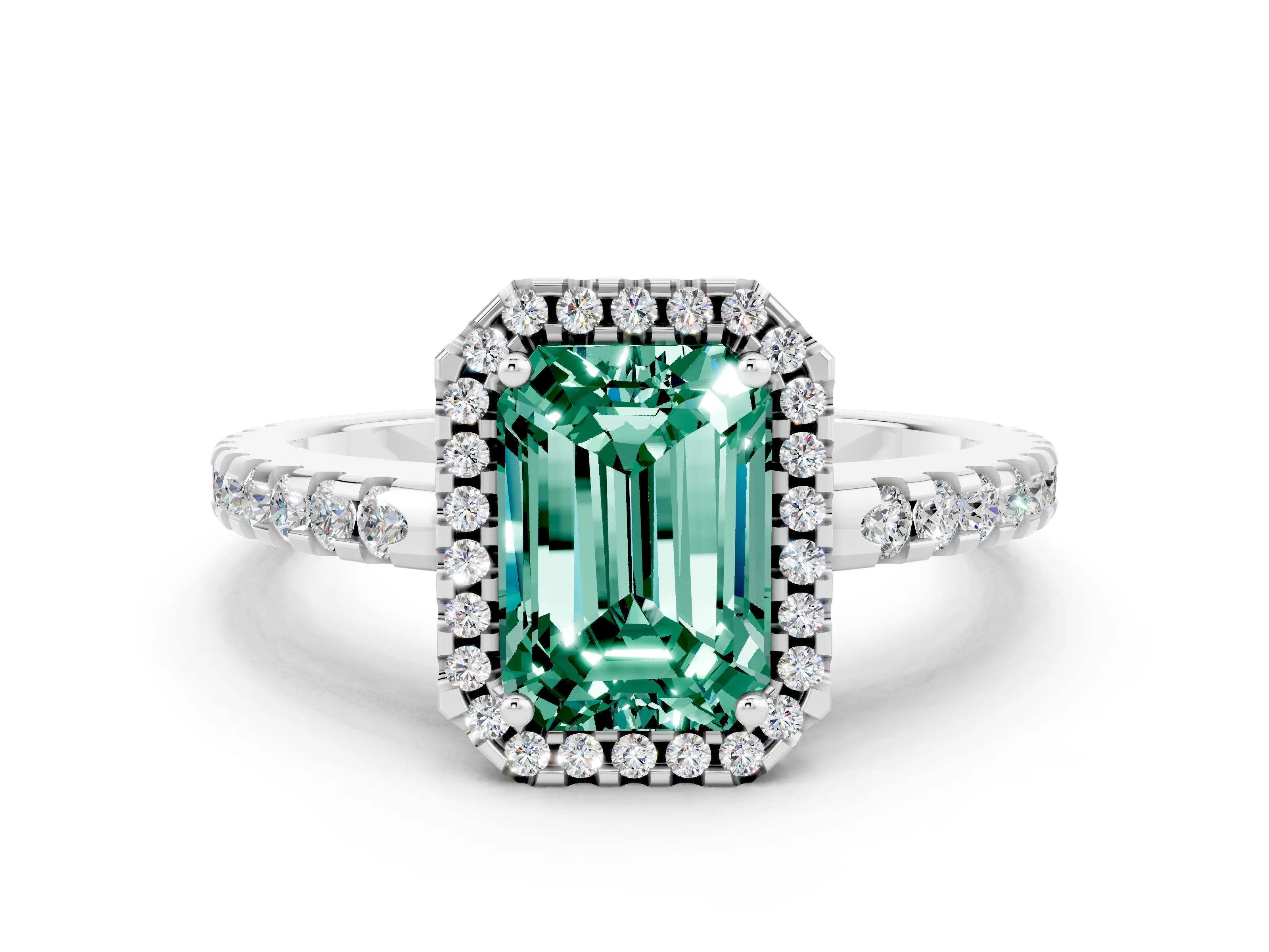 White gold Emerald Cut Green Sapphire Halo Engagement Ring with Pavé Band and Prong Setting_12