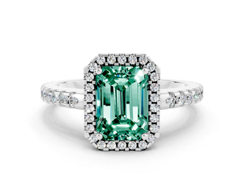 White gold Emerald Cut Green Sapphire Halo Engagement Ring with Pavé Band and Prong Setting_12