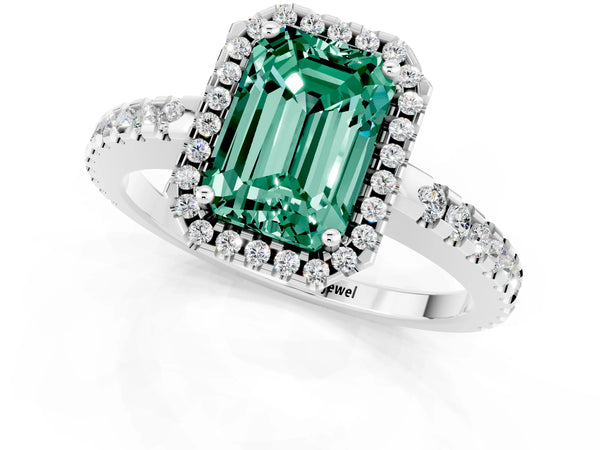 White gold Emerald Cut Green Sapphire Halo Engagement Ring with Pavé Band and Prong Setting