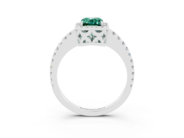 Platinum Emerald Cut Green Sapphire Halo Engagement Ring with Pavé Band and Prong Setting